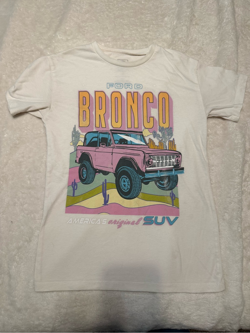 Ford Bronco Graphic Tee for women’s- White with Pink Print | size x-small
